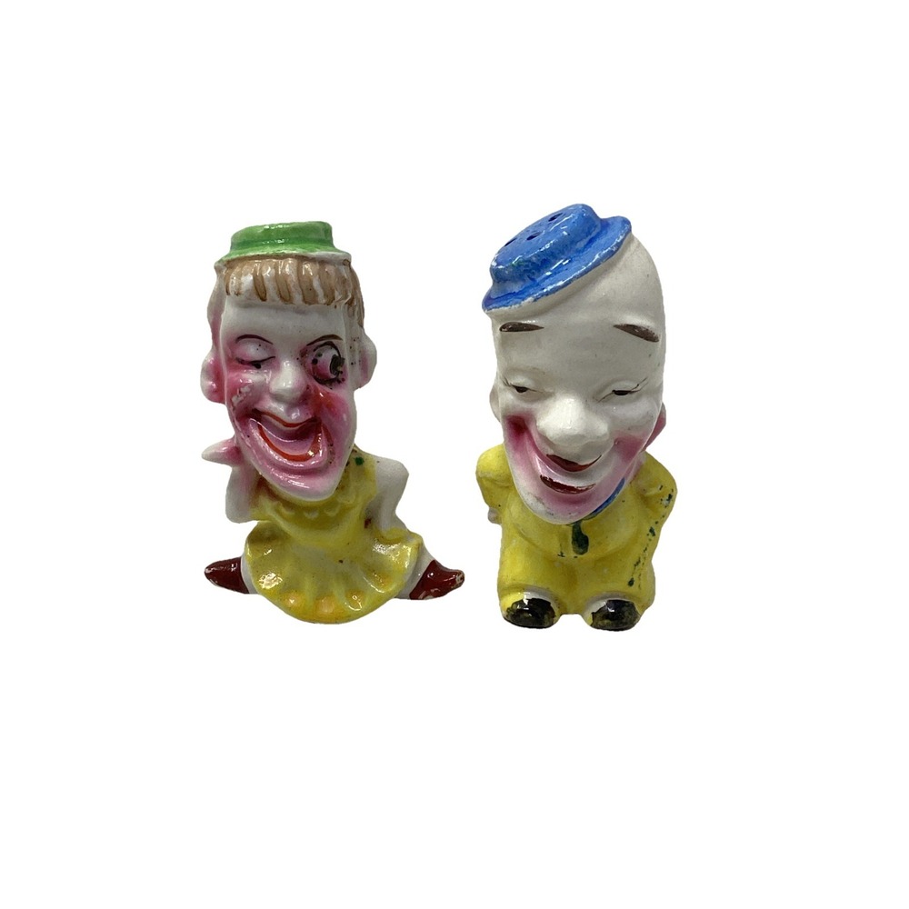 Vintage MCM Big Head Salt & Pepper Shakers Winking Couple Crazy Face 3" Kitsch